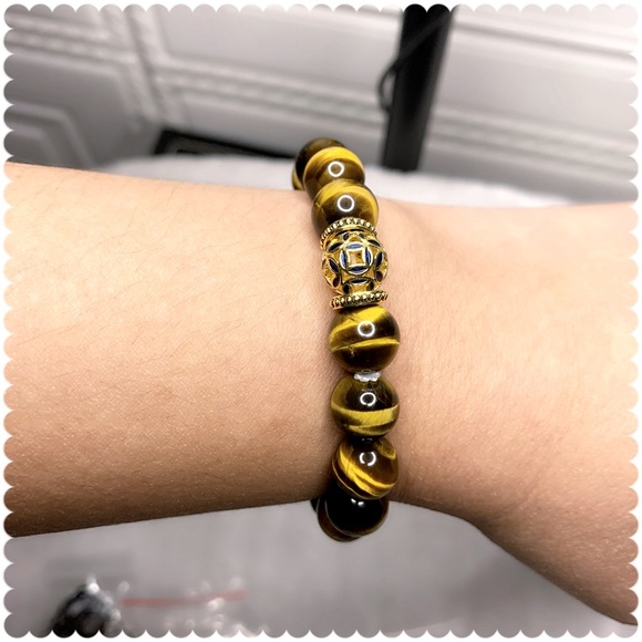 Natural Tiger Eye Yellow Gemstones 10mm Cloisonné Charm beaded bracelet - Picture 3 of 3